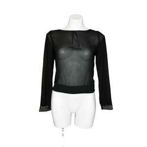 Do & Be Black Sheer Mesh Studded Cuff Blouse Shredded Laser Cut Open Back Top